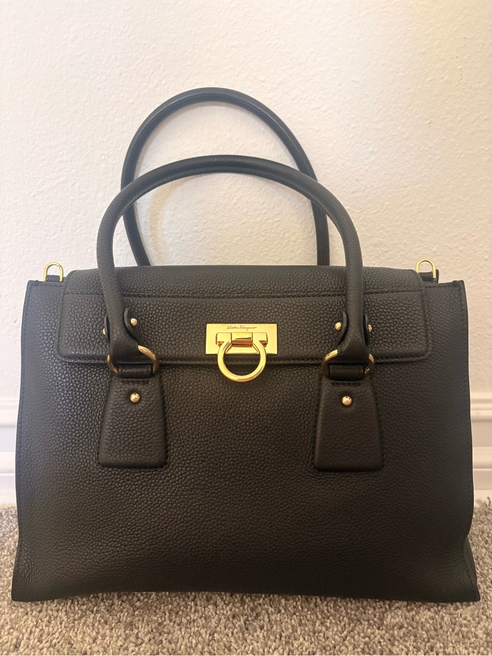 Salvatore Ferragamo Gancini Handbag - Black Leather Gold Hardware